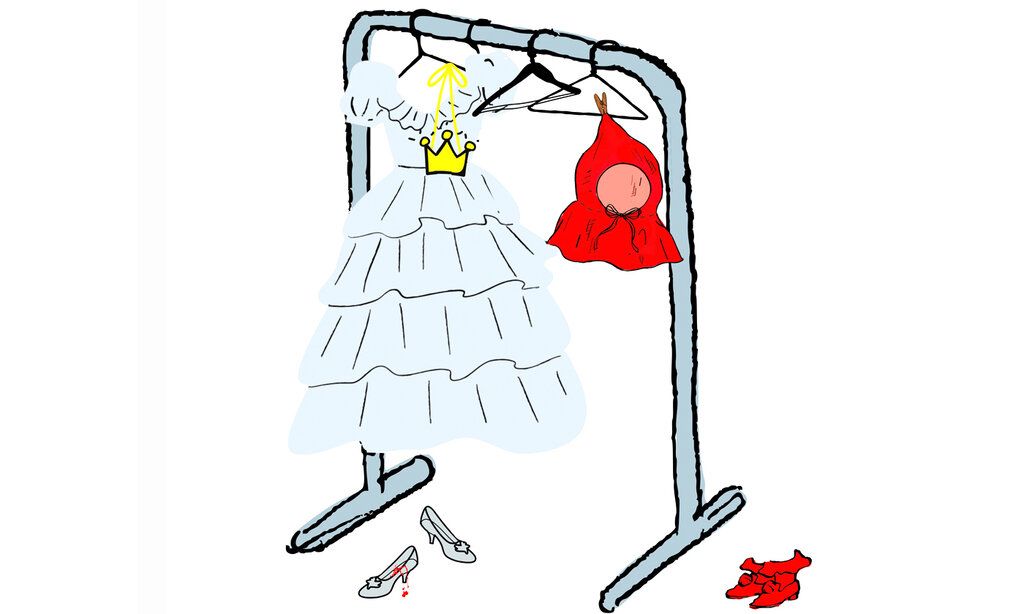 Illustration eines Kleiderständers mit einem Prinzesinnenkleid, einer roten Kapuze und zwei Paar Schuhen