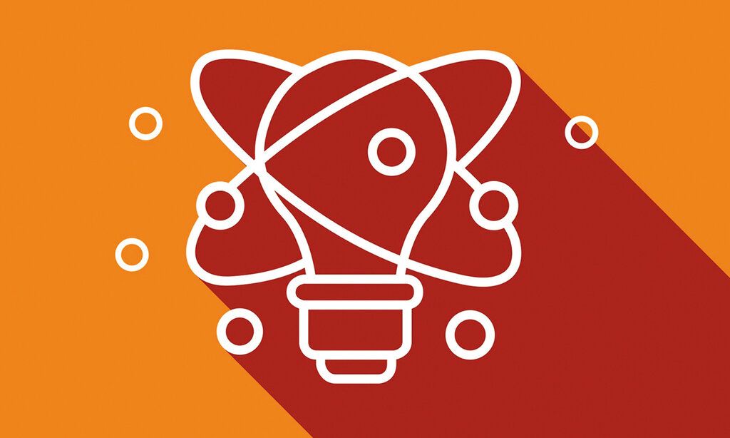 weißes Icon einer Glühbirne mit Orbit-Ellipsen auf rotem und orangen Hintergrund