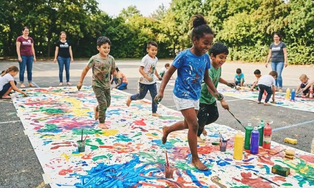 Kinder malen draußen auf einer großen Papierbahn und springen darauf herum