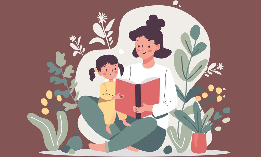 Illustration, Mutter liest Kind aus Buch vor, drumherum Pflanzen und Blumen