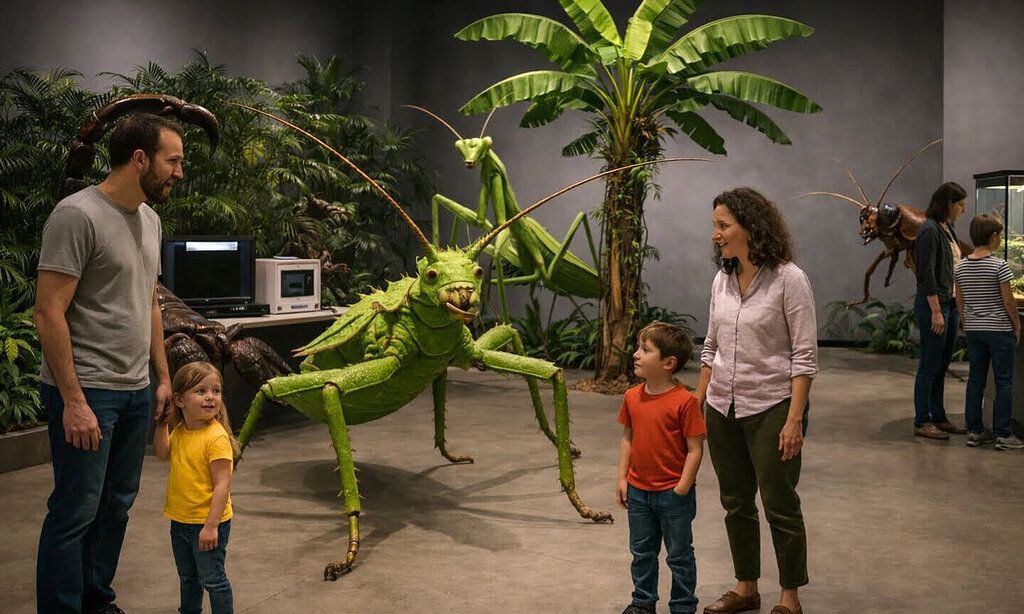 Eltern und Kinder besichen eine Ausstellung und betrachten überdimensionale, naturgetreue Modelle von Insekten, Spinnen und Skorpionen