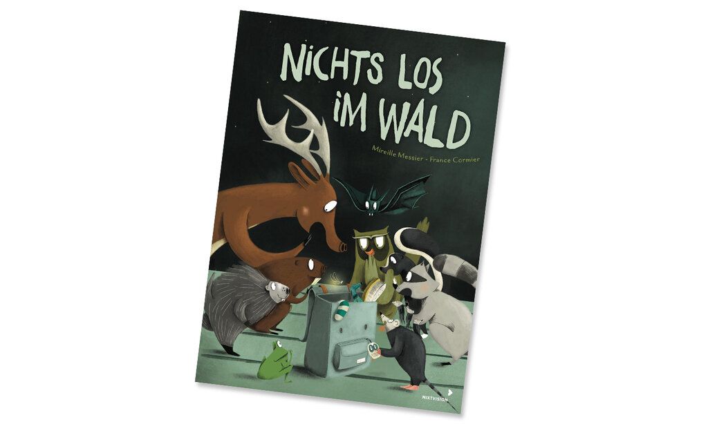 Waldtiere gucken in eine Tasche, Buchtitel Nichts los im Wald