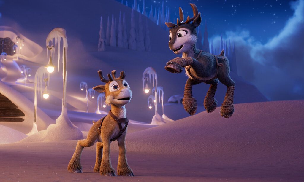 3-D-Animation, zwei Rentiere in Schneelandschaft, ein Rentier schwebt in der Luft, das andere ist erstaunt