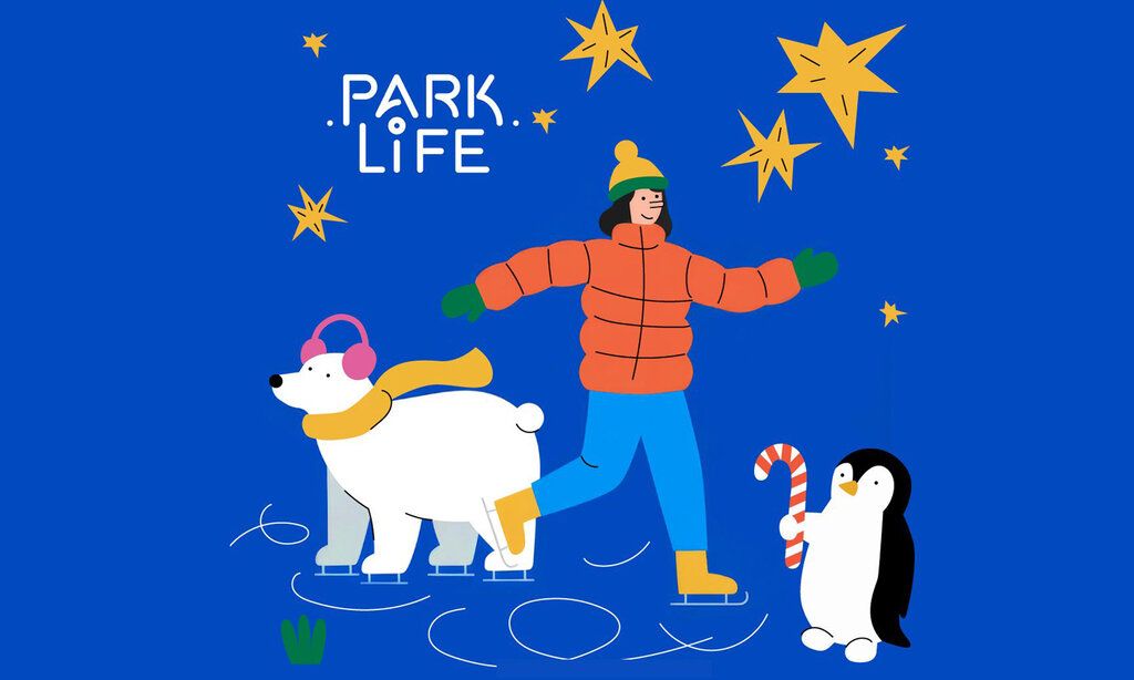 Parklife Wintermotiv, Illustration von Eisläuferin mit Eisbär und Pinguin auf blauem Fond mit Sternen