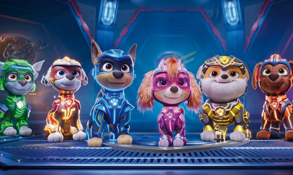 Animationsfilmoptik, sechs Hunde in spacigen Anzügen stehen nebeneinander