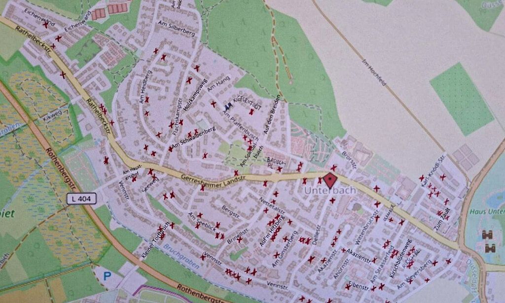 Plan von Unterbach, eingezeichnete Standorte von Trödelständen