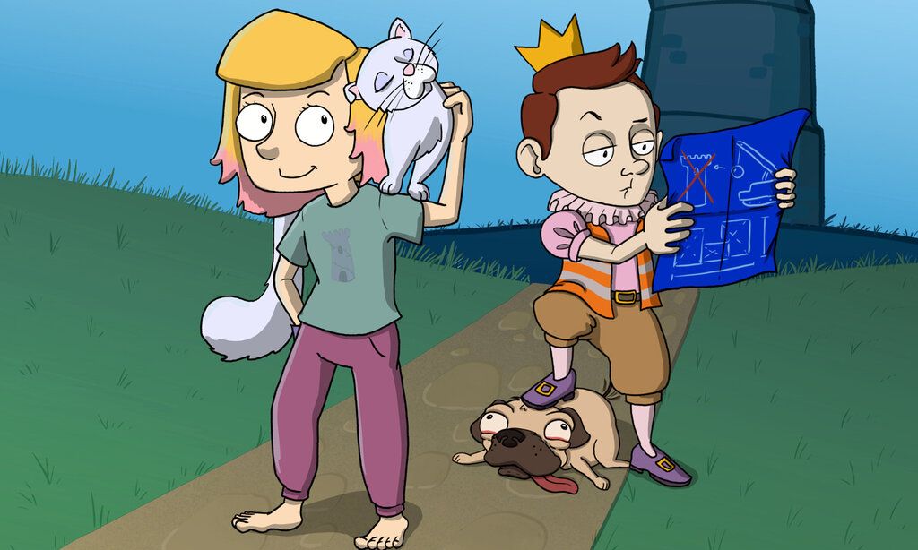 Rapunzel mit Prinz, Hund und Katze auf einer Wiese vor dem Turm, Illustration