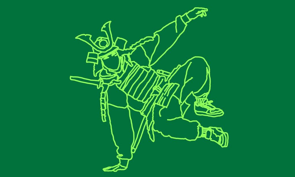 Outline-Illustration eines Samurai, der Breakdance macht, hellgrüner Strich auf dunkelgrünem Grund