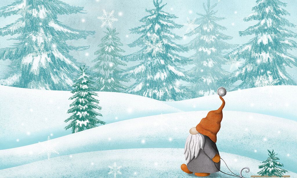 Skandinavischer Tomte-Gnom, der im Schneewald spaziert Aquarell-Winterillustration