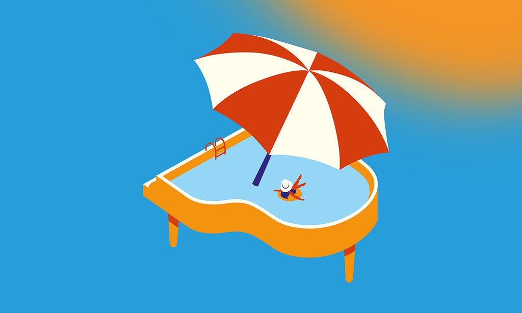 Illustration eines Flügels, dessen Resonanzboden ein Swimming Pool ist, in dem eine Frau im Schwimmreifen sitzt und ein großer Sonnenschirm steht
