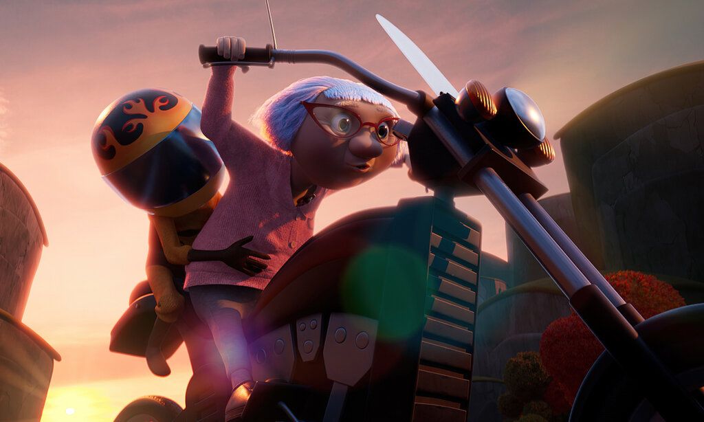 Animationsfilm, eine Oma fährt auf einem Motorrad, Kind auf dem Sozius