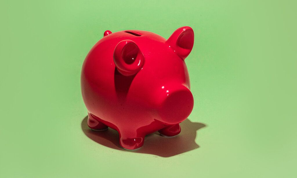 Rotes Sparschwein auf grünem Grund