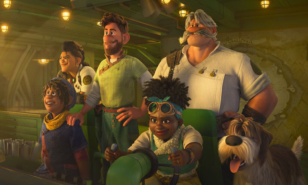 Unterschiedliche Typen und ein Hund fliegen in einem Retro-Raumschiff