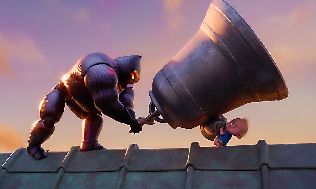 Szene aus dem Animationsfilm Super Charlie, ein Baby kämpft mit einem Superhelden mit Glocken auf einem Dach