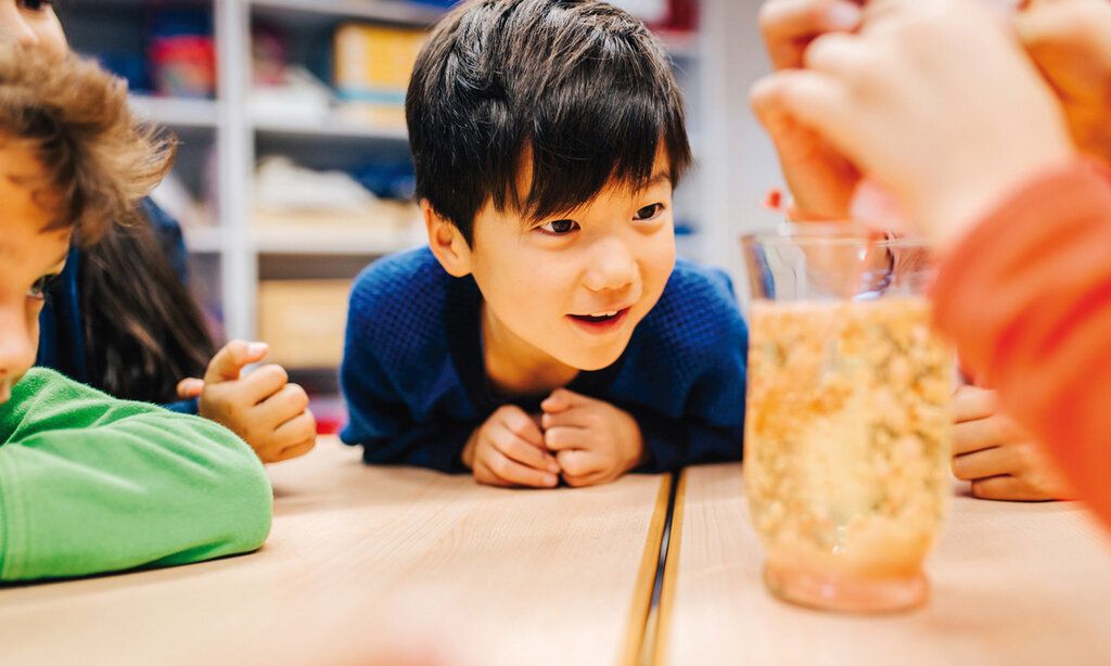 Kinder schauen auf ein Glas, in dem ein Experiment stattfindet