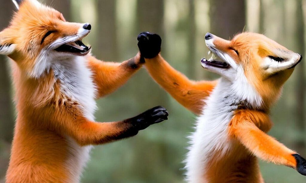 Zwei Füchse tanzen im Wald