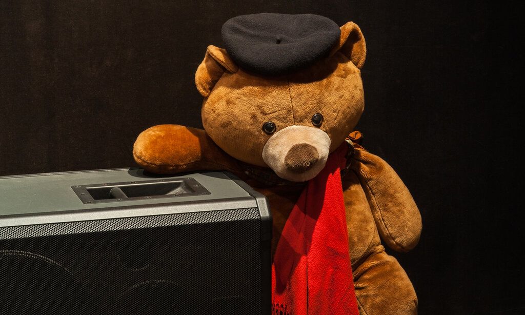 Porträt von Teddybär Hopnik mit Baskenmütze