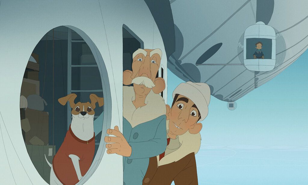 Zeichentrickflim, ein alter, ein junger Mann und ein Hund gucken in die Kamera