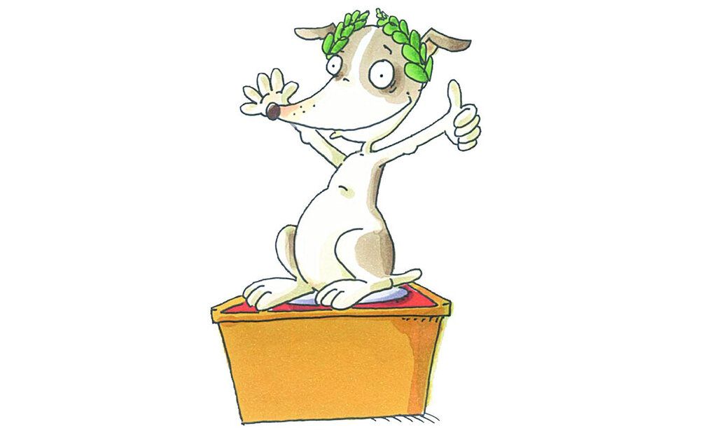 Illustration, ein Hund mit Lorbeerkranz auf Siegerpodest, Daumen hoch