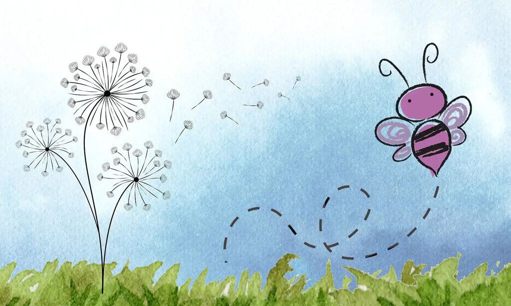 Illustration, eine violette Hummel fliegt über eine Wiese mit Pusteblumen