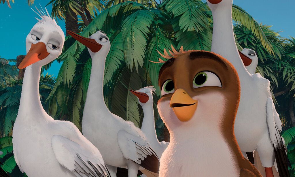 Illustration von einem kleinen Spatz, der neben Störchen steht