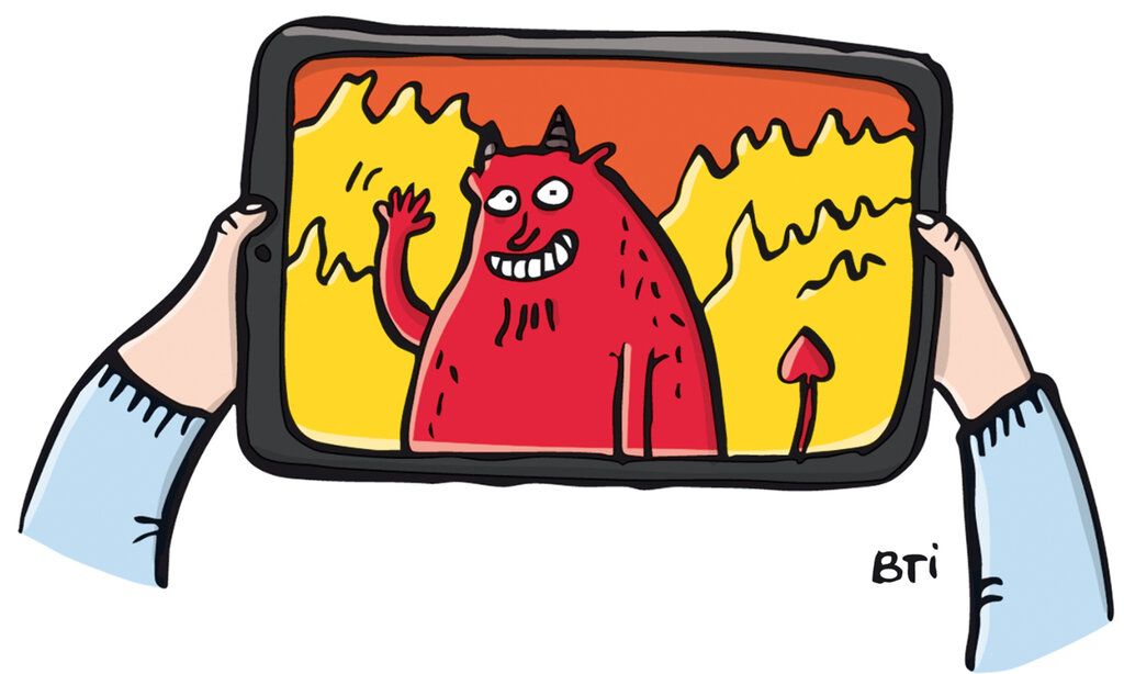 Illustration Teufel winkt aus dem Tablet Screen heraus