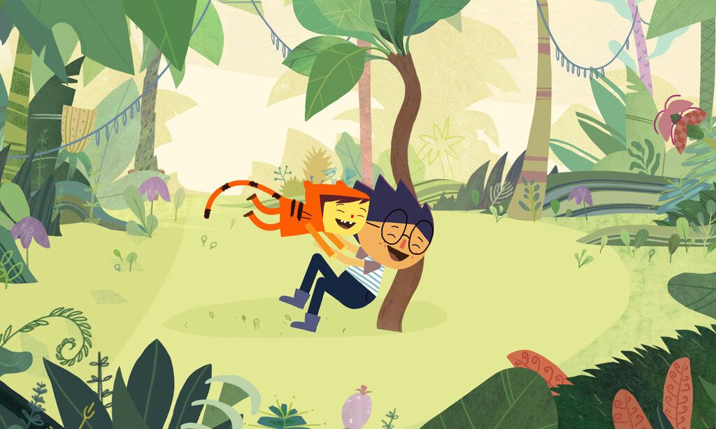 Illustration von zwei Kindern, eines ist als Tiger verkleidet und springt das andere lachend an