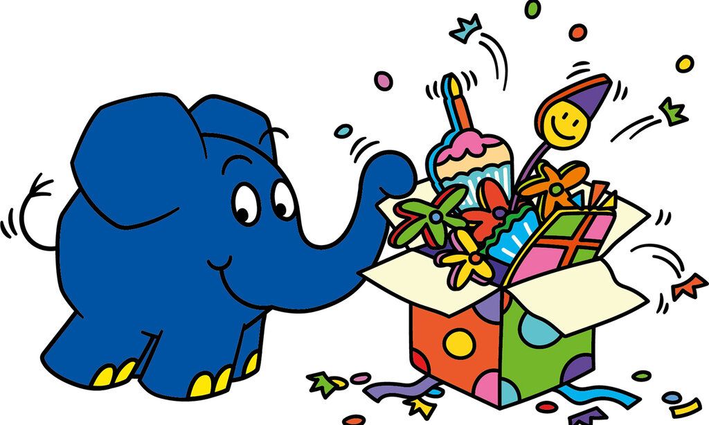 Elefant mit einem Karton voller Geschenke