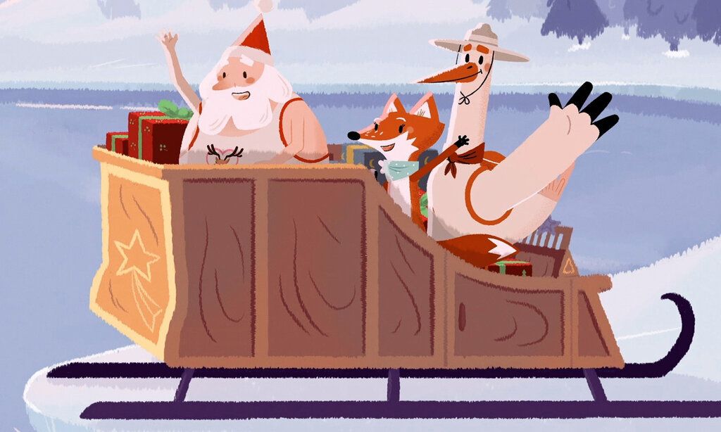 Zeichentrickfilm, Weihnachtsmann, Fuchs und Gans sitzen in einem Schlitten mit Geschenken und winken