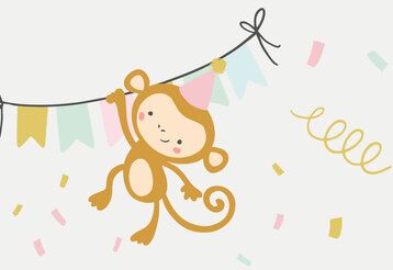 Illustration von kleinem Affen, der an einer Girlande hängt