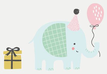 Illustration von einem kleinen Elefanten, der einen Luftballon am Rüssel hält, daneben steht ein Geschenk