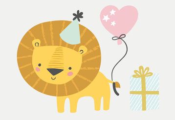 Illustration von einem kleinen Löwen, der einen Luftballon am Schwanz trägt daneben steht ein Geschenk