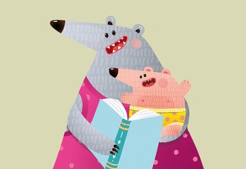 Illustration von Tiermutter und Tierkind mit Buch
