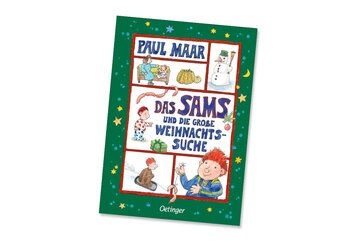 Buchtitel „Das Sams und die große Weihnachtssuche“ von Paul Maar, illustriert, Weihnachtsmotive, Sams, Schneemann, Kind, Geschenke