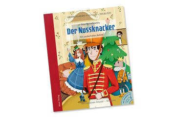 Buchtitel „Der Nussknacker“ von Bert Alexander Petzold und Rita Atlas, illustrierter Nussknacker, Ballettpuppe, Nagetier vor Weihnachtsbaum im Wohnzimmer