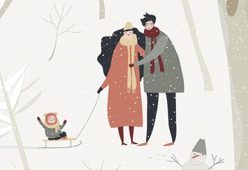 Vektor-Illustration von Vater, Mutter, Kind im Schnee, Kind sitztauf Schlitten