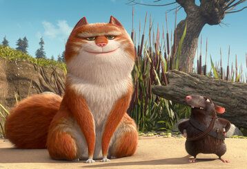 Animationsfilm, dicker Kater grinst, kleine Ratte steht empört neben ihm, im Hintergrund Natur