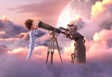 Filmszene aus Peterchens Mondfahrt, zwei Anmationsfiguren mit Teleskop in den Wolken