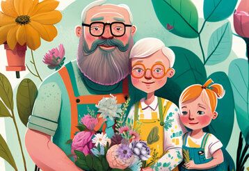 Illustration von Großeltern und Enkelin bei der Gartenarbeit, mit Blumen in der Hand und im Hintergund