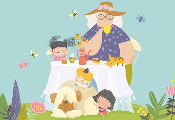 Illustration einer Kaffeetafel, eine Oma mit Hut und drei Kinder, außerdem Hund und Katze, Bienen und Schmetterlinge, Hintergrund hellblau