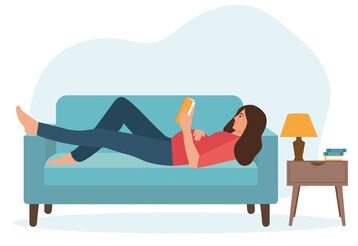 Vektorillustration, eine schwangere Frau liegt auf dem Sofa und liest ein Buch