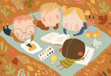 Vektor-Illustration, vier Kinder liegen auf einer Picknickdecke und malen und lesen, drumherum Herbstblätter