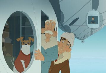 Zeichentrickflim, ein alter, ein junger Mann und ein Hund gucken in die Kamera