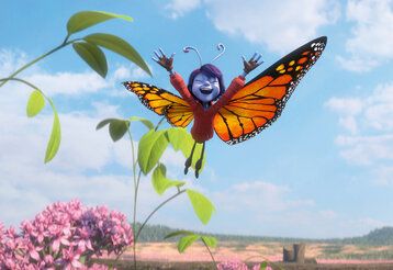Animationsfilm, Schmetterling mit blauem Kinderkopf fliegt durch das Land und jubelt