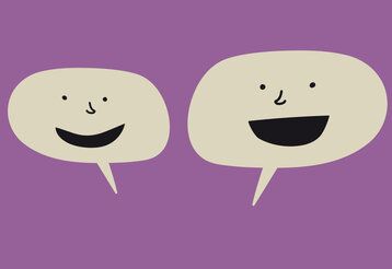 Illustration, zwei Sprechblasen mit Augen, Nase und Mund, Hintergrund violett