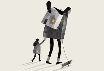 Illustration: Eine Mutter läuft mit Hund uns Kind, auf dem Rücken trägt sie ein Haus, traurige Stimmung