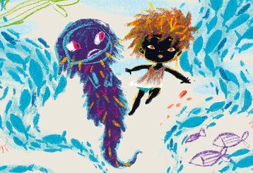 Wachsmalstift-Zeichnung von einem Kind und einem Unterwasserwesen