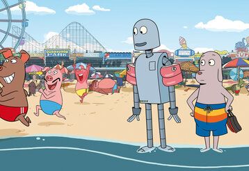 Zeichentrick, ein Roboter und ein Hund stehen am Strand, die Füße im Wasser, Schweinchen rennen neben ihnen fröhlich ins Wasser, im Hintergrund Strandbad mit Lokalen und Karussells