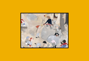 Zeichung aus dem Buch Unsere Grube von Emma AdBåge, auf der Kinder über Steine und Baumstämme klettern und spielen.