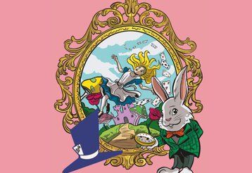 Zeichnung von Alice im Wunderland, die in einem Bilderrahmen steckt und dem Hutmacher, der vor dem Rahmen steht.